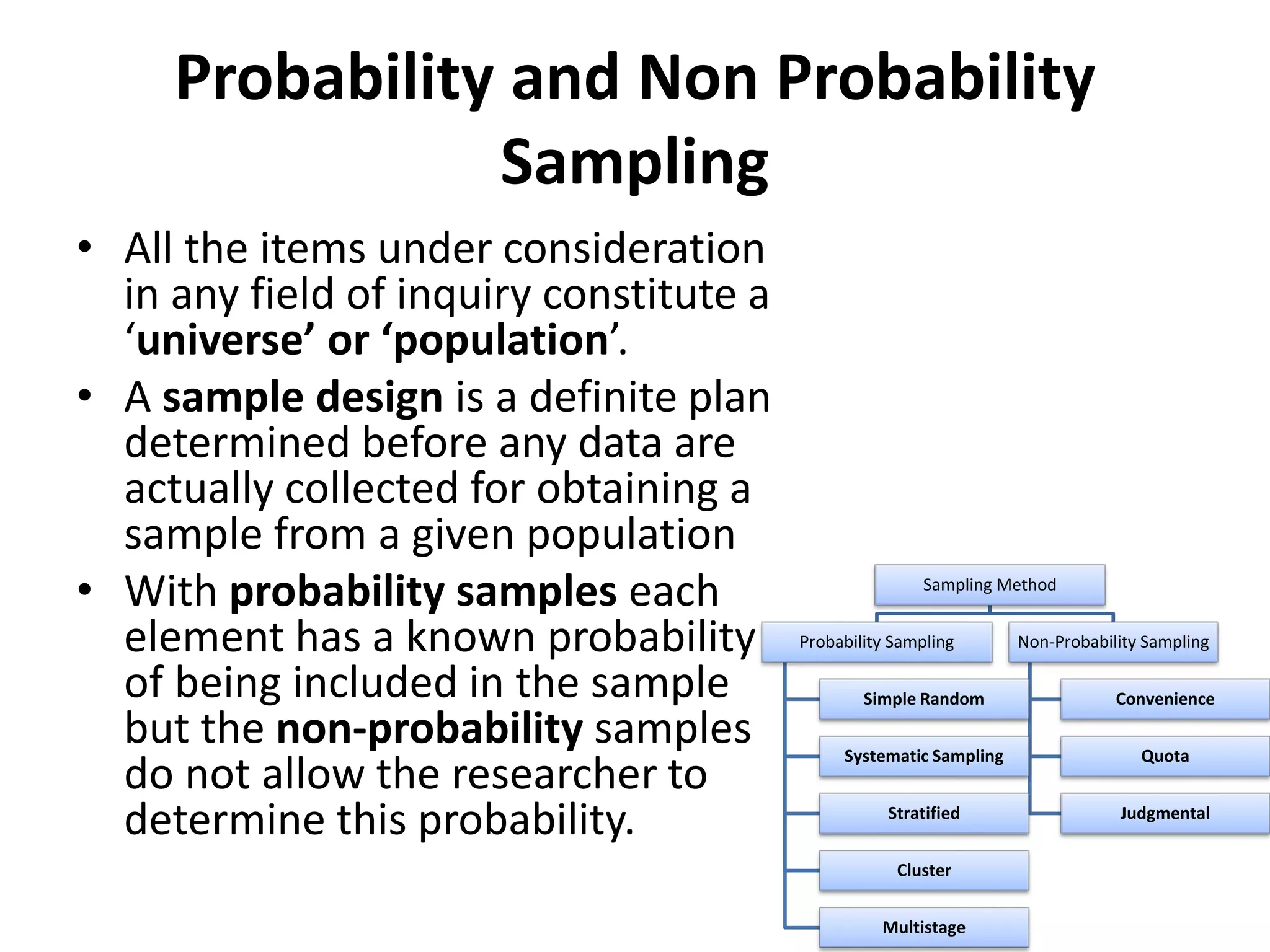 Probability and Non Probability
Sampling
• All the items under consideration
in any field of inquiry constitute a
‘universe’ or ‘population’.
• A sample design is a definite plan
determined before any data are
actually collected for obtaining a
sample from a given population
• With probability samples each
element has a known probability
of being included in the sample
but the non-probability samples
do not allow the researcher to
determine this probability.
Sampling Method
Probability Sampling
Simple Random
Systematic Sampling
Stratified
Cluster
Multistage
Non-Probability Sampling
Convenience
Quota
Judgmental
 