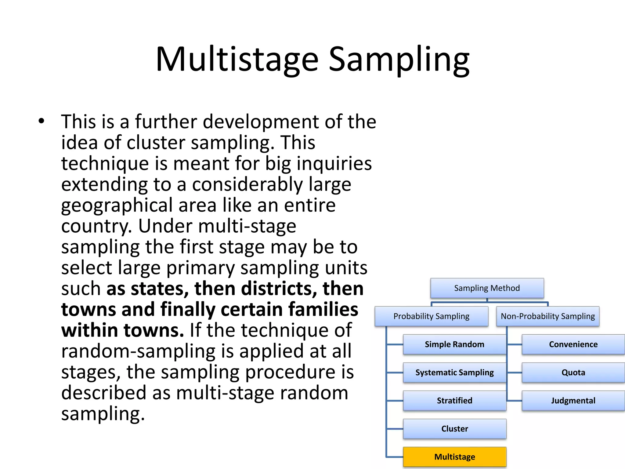 Multistage Sampling
• This is a further development of the
idea of cluster sampling. This
technique is meant for big inquiries
extending to a considerably large
geographical area like an entire
country. Under multi-stage
sampling the first stage may be to
select large primary sampling units
such as states, then districts, then
towns and finally certain families
within towns. If the technique of
random-sampling is applied at all
stages, the sampling procedure is
described as multi-stage random
sampling.
Sampling Method
Probability Sampling
Simple Random
Systematic Sampling
Stratified
Cluster
Multistage
Non-Probability Sampling
Convenience
Quota
Judgmental
 