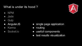 What is under its hood ?
● NPM
● Jade
● Gulp
● AngularJS
● Karma
● Socket.io
● single page application
● routing
● usefull components
● test results visualization
 
