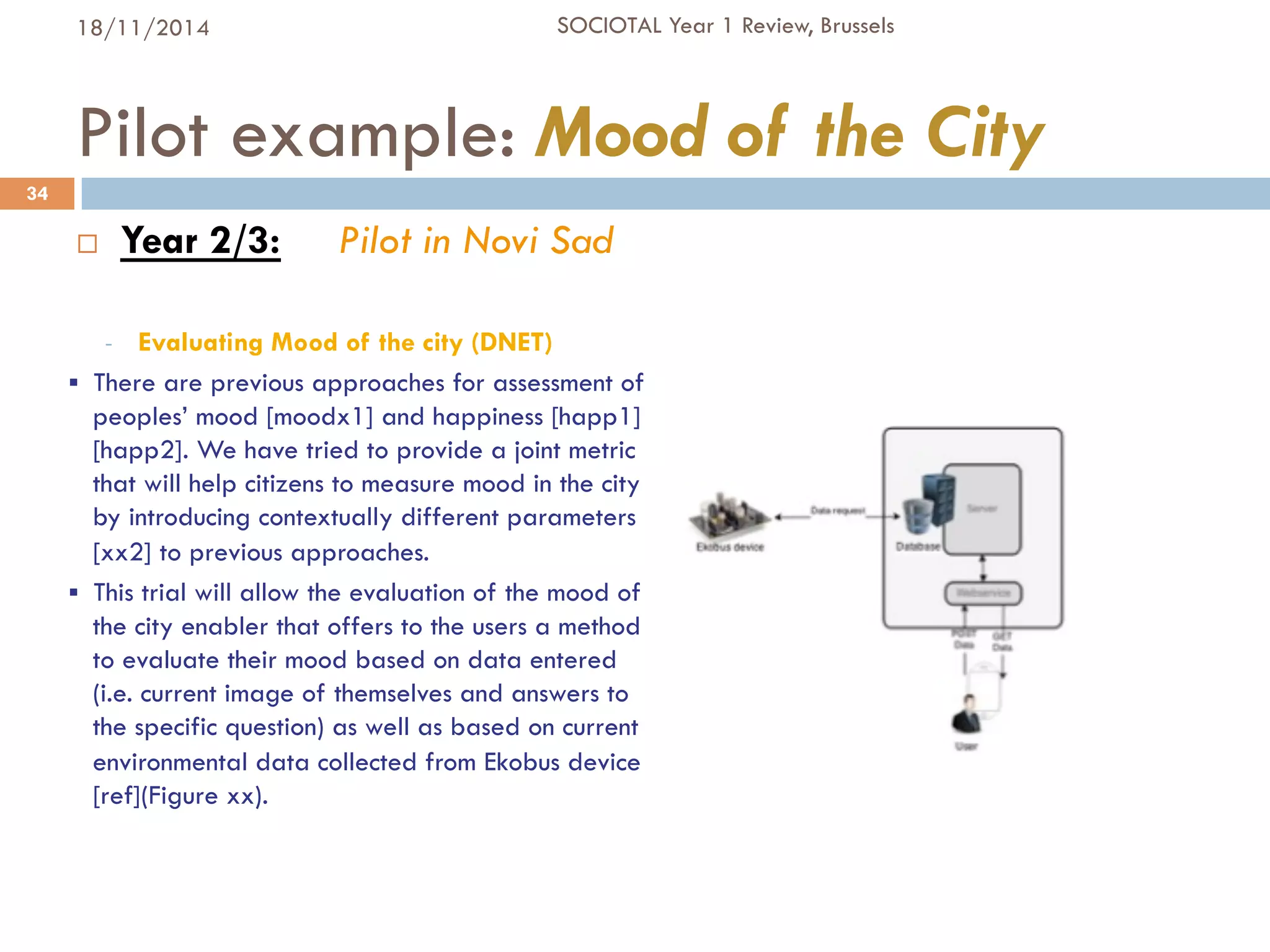 Pilot example: Mood of the City
34
18/11/2014 SOCIOTAL Year 1 Review, Brussels
¨  Year 2/3: Pilot in Novi Sad
-­‐  Evaluating Mood of the city (DNET)
§  There are previous approaches for assessment of
peoples’ mood [moodx1] and happiness [happ1]
[happ2]. We have tried to provide a joint metric
that will help citizens to measure mood in the city
by introducing contextually different parameters
[xx2] to previous approaches.
§  This trial will allow the evaluation of the mood of
the city enabler that offers to the users a method
to evaluate their mood based on data entered
(i.e. current image of themselves and answers to
the specific question) as well as based on current
environmental data collected from Ekobus device
[ref](Figure xx).
 