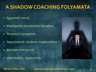 A SHADOW COACHING FOLYAMATA
Bárány Péter, CMC 5
 Egyeztető interjú
 Megfigyelés természetes közegben
 Tényszerű visszajelzés
 Tapasztalatok részletes megbeszélése
 Akcióterv kidolgozás
 Utánkövetés, visszamérés
barany.peter@projektverzum.com
 