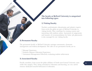 The faculty at McFord University is categorized
                               into following types:

                               1) Visiting Faculty
                               Teachers, professionals, educationists and industry experts
                               from across the globe are part of McFord University as
                               visiting faculty. They contribute by creating courses and
                               interacting with students online. Assessment of assignments
                               and issuance of recommendations for better job placements
                               is also managed by our visiting faculty.

2) Permanent Faculty
The permanent faculty at McFord University manages assessments, classroom
management and student development. The roles of our permanent faculty are to:

  * Manage Classrooms:
  * Enhance Distance Education Experience:
  * Assessment Management: Effectively evaluating student achievement

3) Associated Faculty
Faculty members, from across the globe affiliates of South west Central University come      6
under this category. They, being associated to education and learning, are very useful
resource dedicated towards betterment of education.
 
