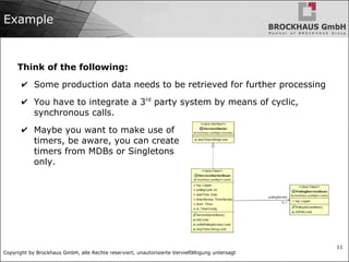 Copyright by Brockhaus GmbH, alle Rechte reserviert, unautorisierte Vervielfältigung untersagt
11
Example
Think of the following:
✔ Some production data needs to be retrieved for further processing
✔ You have to integrate a 3rd
party system by means of cyclic,
synchronous calls.
✔ Maybe you want to make use of
timers, be aware, you can create
timers from MDBs or Singletons
only.
 