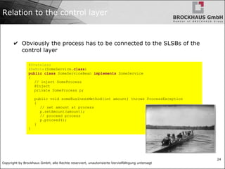 Copyright by Brockhaus GmbH, alle Rechte reserviert, unautorisierte Vervielfältigung untersagt
24
Relation to the control layer
✔ Obviously the process has to be connected to the SLSBs of the
control layer
@Stateless
@Remote(SomeService.class)
public class SomeServiceBean implements SomeService
{
// inject SomeProcess
@Inject
private SomeProcess p;
public void someBusinessMethod(int amount) throws ProcessException
{
// set amount at process
p.setAmount(amount);
// proceed process
p.proceed();
}
}
 