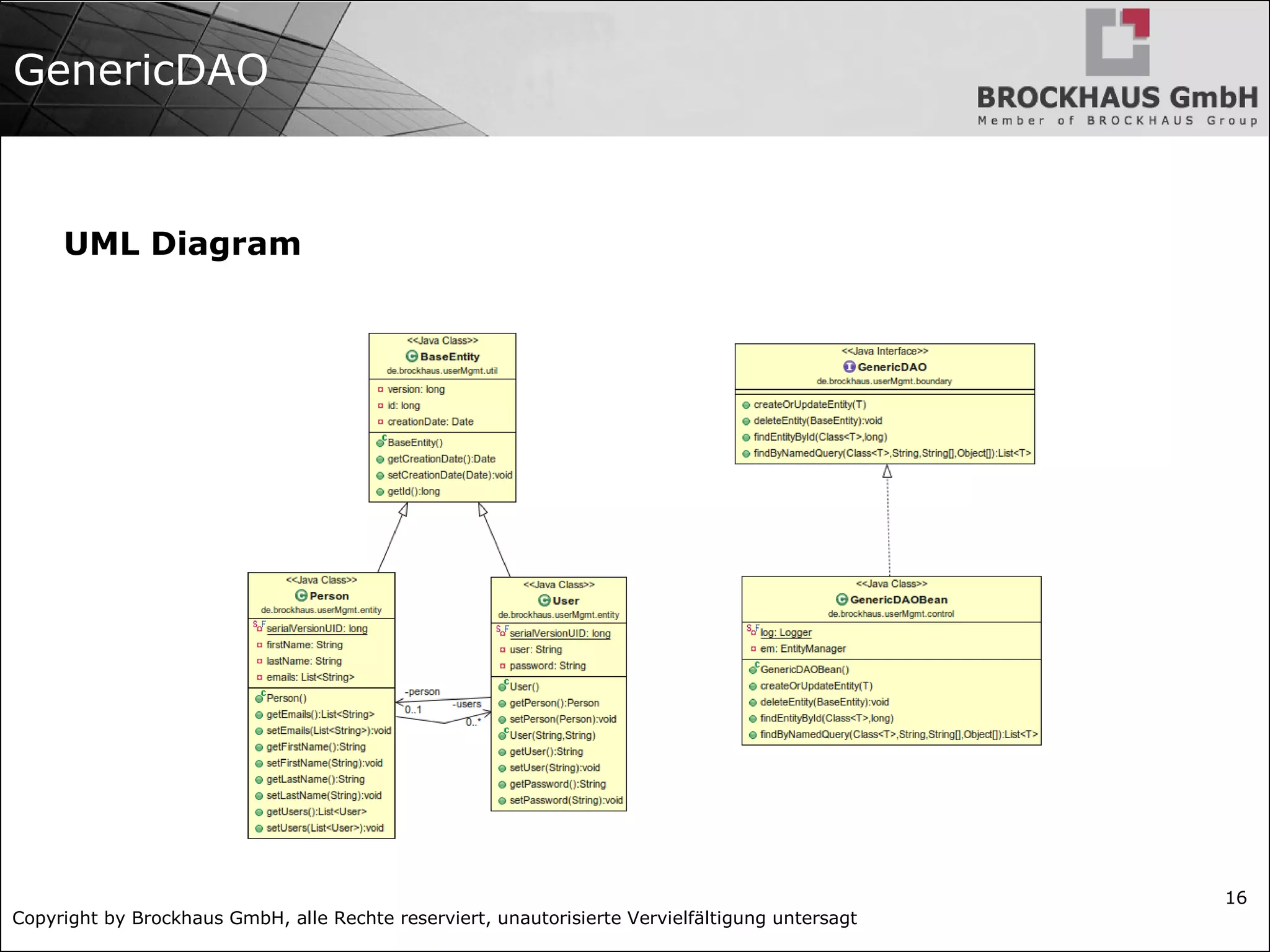 Copyright by Brockhaus GmbH, alle Rechte reserviert, unautorisierte Vervielfältigung untersagt
16
GenericDAO
UML Diagram
 