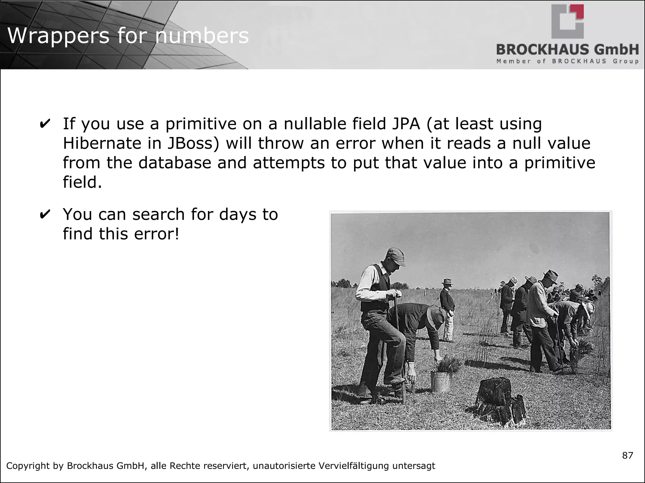 Copyright by Brockhaus GmbH, alle Rechte reserviert, unautorisierte Vervielfältigung untersagt
87
Wrappers for numbers
✔ If you use a primitive on a nullable field JPA (at least using
Hibernate in JBoss) will throw an error when it reads a null value
from the database and attempts to put that value into a primitive
field.
✔ You can search for days to
find this error!
 