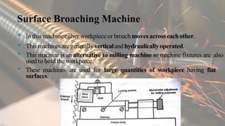 Surface Broaching Machine
• In this machineeither workpieceor broachmovesacrosseachother.
• Thismachinesaregenerallyverticalandhydraulicallyoperated.
• This machine is an alternative to milling machine so machine fixtures are also
usedto hold the workpiece.
• These machines are used for large quantities of workpiece having flat
surfaces.
 