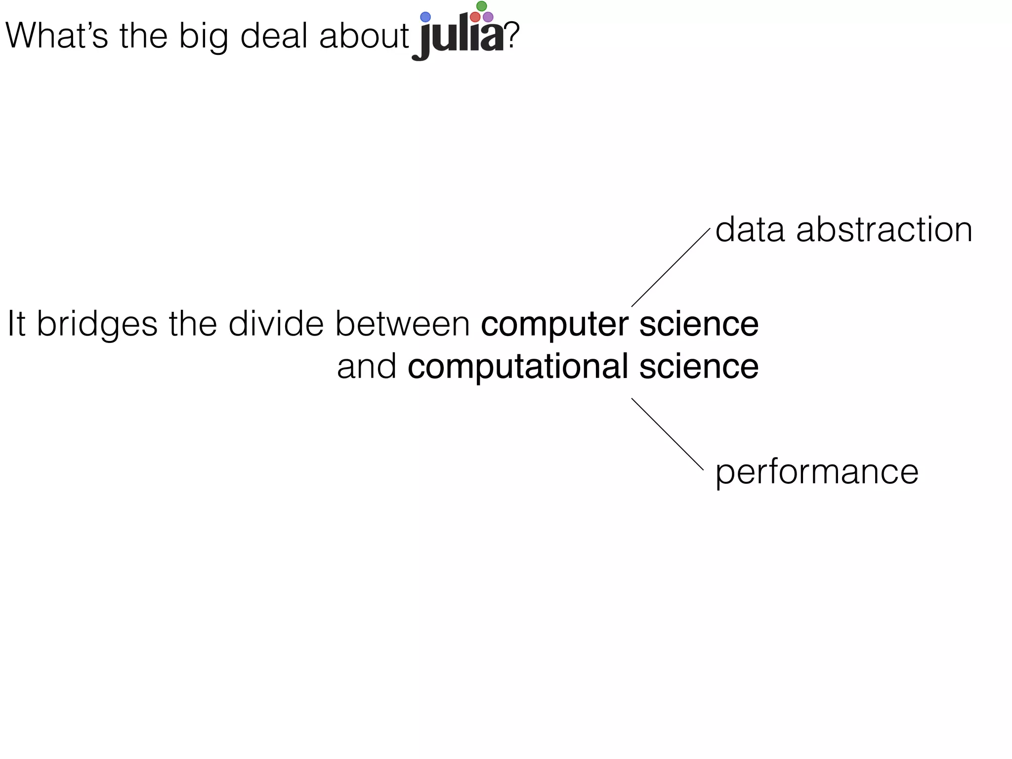 It bridges the divide between computer science
and computational science
What’s the big deal about Julia ?
data abstraction
performance
 