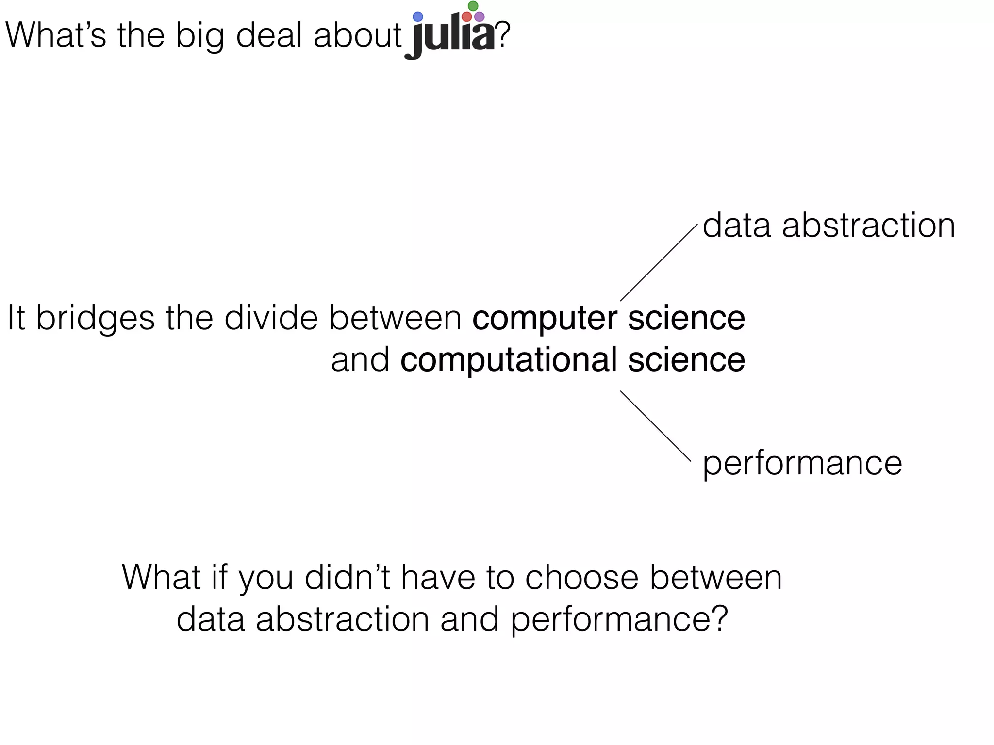 It bridges the divide between computer science
and computational science
What’s the big deal about Julia ?
data abstraction
performance
What if you didn’t have to choose between
data abstraction and performance?
 