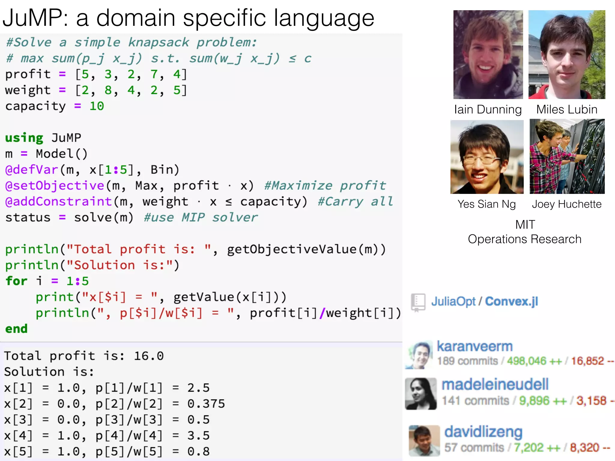 JuMP: a domain speciﬁc language
Iain Dunning Miles Lubin
MIT
Operations Research
Joey HuchetteYes Sian Ng
 