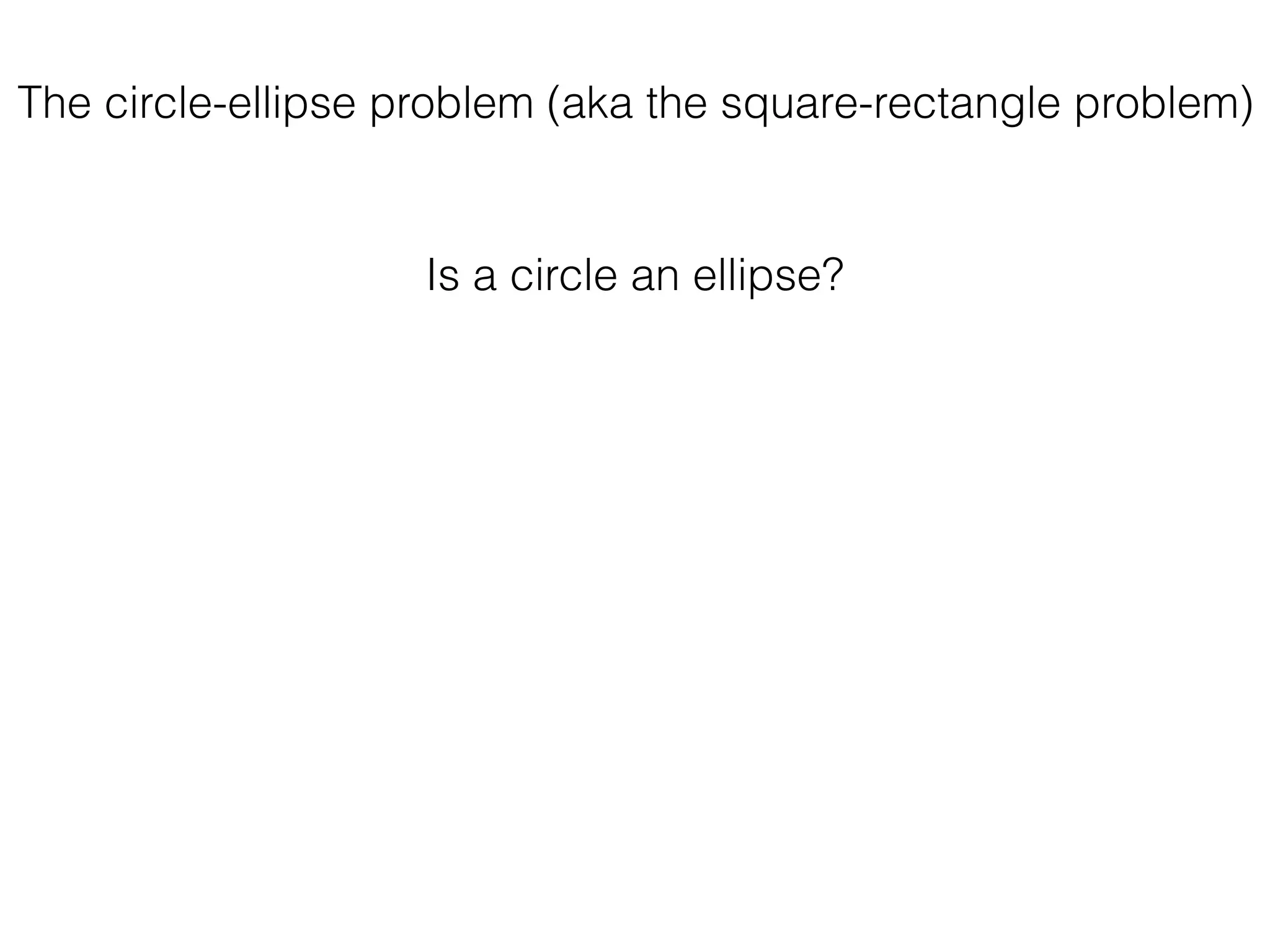 The circle-ellipse problem (aka the square-rectangle problem)
Is a circle an ellipse?
 