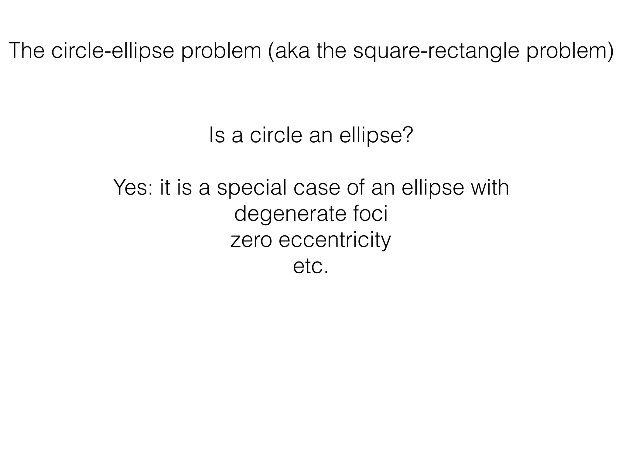 The circle-ellipse problem (aka the square-rectangle problem)
Is a circle an ellipse?
Yes: it is a special case of an ellipse with
degenerate foci
zero eccentricity
etc.
 