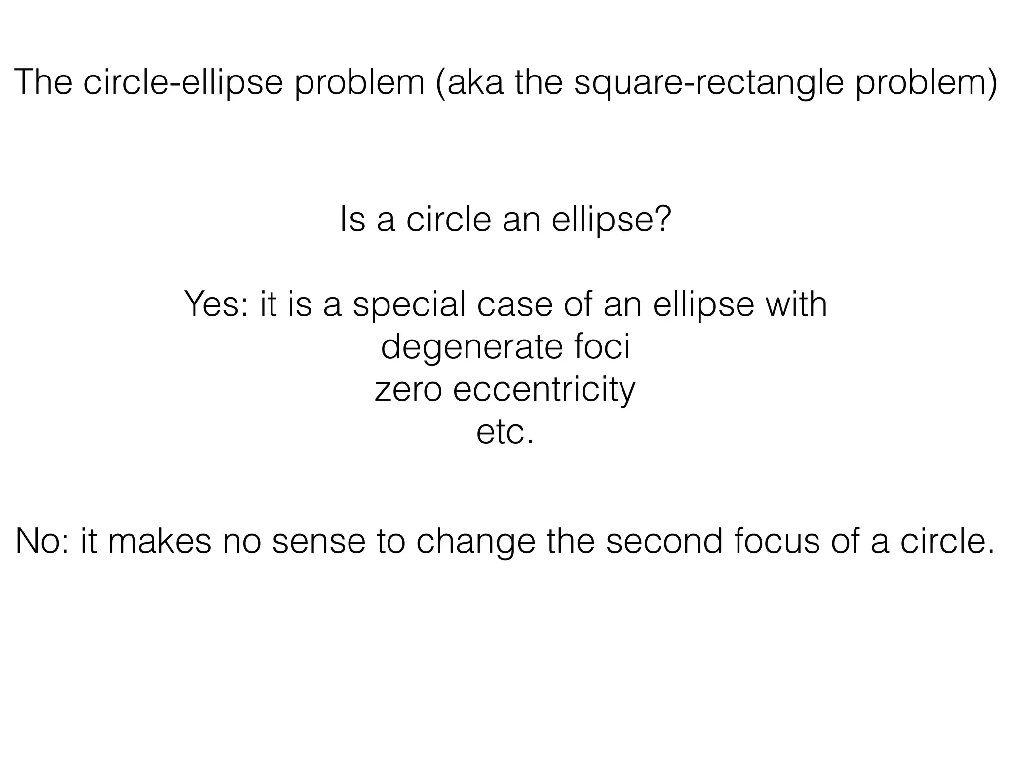 The circle-ellipse problem (aka the square-rectangle problem)
Is a circle an ellipse?
Yes: it is a special case of an ellipse with
degenerate foci
zero eccentricity
etc.
No: it makes no sense to change the second focus of a circle.
 