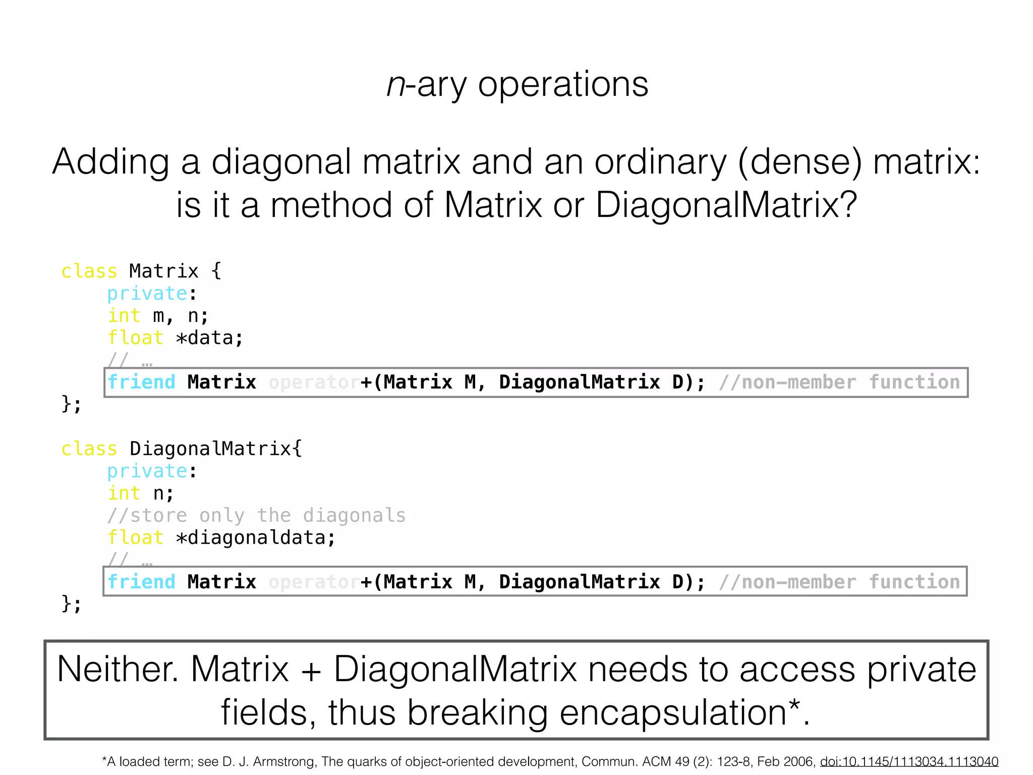 n-ary operations
Adding a diagonal matrix and an ordinary (dense) matrix:
is it a method of Matrix or DiagonalMatrix?
class Matrix {
private:
int m, n;
float *data;
// …
friend Matrix operator+(Matrix M, DiagonalMatrix D); //non-member function
};
class DiagonalMatrix{
private:
int n;
//store only the diagonals
float *diagonaldata;
// …
friend Matrix operator+(Matrix M, DiagonalMatrix D); //non-member function
};
Neither. Matrix + DiagonalMatrix needs to access private
ﬁelds, thus breaking encapsulation*.
*A loaded term; see D. J. Armstrong, The quarks of object-oriented development, Commun. ACM 49 (2): 123-8, Feb 2006, doi:10.1145/1113034.1113040
 