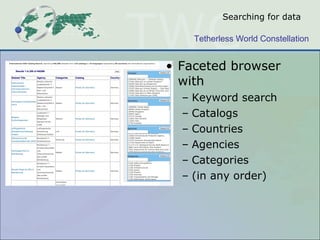 Searching for data Faceted browser with Keyword search Catalogs Countries Agencies Categories (in any order) 