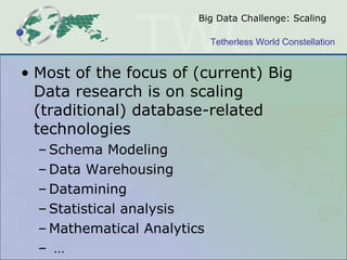 Big Data Challenge: Scaling Most of the focus of (current) Big Data research is on scaling (traditional) database-related technologies Schema Modeling  Data Warehousing Datamining Statistical analysis Mathematical Analytics  … 