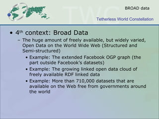 BROAD data 4 th  context: Broad Data  The huge amount of freely available, but widely varied, Open Data on the World Wide Web (Structured and Semi-structured) Example: The extended Facebook OGP graph (the part outside Facebook’s datasets) Example: The growing linked open data cloud of freely available RDF linked data  Example: More than 710,000 datasets that are available on the Web free from governments around the world  