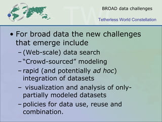 BROAD data challenges

                            Tetherless World Constellation


• For broad data the new challenges
  that emerge include
  – (Web-scale) data search
  – “Crowd-sourced” modeling
  – rapid (and potentially ad hoc)
    integration of datasets
  – visualization and analysis of only-
    partially modeled datasets
  – policies for data use, reuse and
    combination.
 