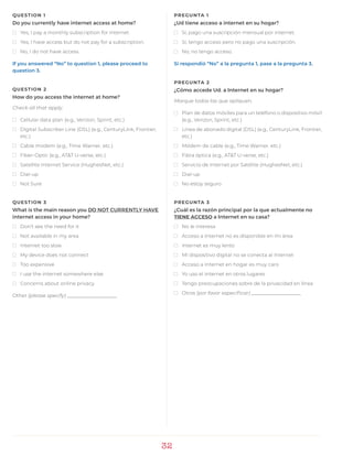 32
PREGUNTA 1
¿Ud tiene acceso a internet en su hogar?
)) Sí, pago una suscripción mensual por internet.
)) Sí, tengo acceso pero no pago una suscripción.
)) No, no tengo acceso.
Si respondió “No” a la pregunta 1, pase a la pregunta 3.
PREGUNTA 2
¿Cómo accede Ud. a Internet en su hogar?
Marque todas las que apliquen.
)) Plan de datos móviles para un teléfono o dispositivo móvil
(e.g., Verizon, Sprint, etc.)
)) Línea de abonado digital (DSL) (e.g., CenturyLink, Frontier,
etc.)
)) Módem de cable (e.g., Time Warner. etc.)
)) Fibra óptica (e.g., AT&T U-verse, etc.)
)) Servicio de Internet por Satélite (HughesNet, etc.)
)) Dial-up
)) No estoy seguro
PREGUNTA 3
¿Cuál es la razón principal por la que actualmente no
TIENE ACCESO a Internet en su casa?
)) No le interesa
)) Acceso a Internet no es disponible en mi área
)) Internet es muy lento
)) Mi dispositivo digital no se conecta al Internet
)) Acceso a Internet en hogar es muy caro
)) Yo uso el Internet en otros lugares
)) Tengo preocupaciones sobre de la privacidad en línea
)) Otros (por favor especificar) ____________________
QUESTION 1
Do you currently have internet access at home?
)) Yes, I pay a monthly subscription for internet.
)) Yes, I have access but do not pay for a subscription.
)) No, I do not have access.
If you answered “No” to question 1, please proceed to
question 3.
QUESTION 2
How do you access the internet at home?
Check all that apply.
)) Cellular data plan (e.g., Verizon, Sprint, etc.)
)) Digital Subscriber Line (DSL) (e.g., CenturyLink, Frontier,
etc.)
)) Cable modem (e.g., Time Warner, etc.)
)) Fiber-Optic (e.g., AT&T U-verse, etc.)
)) Satellite Internet Service (HughesNet, etc.)
)) Dial-up
)) Not Sure
QUESTION 3
What is the main reason you DO NOT CURRENTLY HAVE
internet access in your home?
)) Don’t see the need for it
)) Not available in my area
)) Internet too slow
)) My device does not connect
)) Too expensive
)) I use the internet somewhere else
)) Concerns about online privacy
Other (please specify) ____________________
 