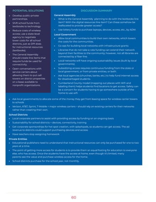60
DISCUSSION SUMMARY
General Assembly
•• What is the General Assembly planning to do with the textbooks line
item? With the digital resources line item? Can these somehow be
reallocated to provide greater access?
•• Use lottery funds to purchase laptops, devices, access, etc., by ADM.
Local Government
•• Allow local communities to build their own networks, which lowers
the costs for the communities.
•• Co-ops for building local networks with infrastructure grants
•• Libraries that do not take e-rate funding can extend their network
beyond their facilities to the community; however, not all libraries are
connected by a fiber line.
•• Local networks will have ongoing sustainability issues (built by local
governments).
•• Subsidizing access requires continuous funding from the state or
local government, or from private entities, or both.
•• Ask local agencies (churches, banks, etc.) to help fund internet access
for disadvantaged students.
•• Cumberland County model (mapping out places with Wifi and
labeling them) helps students find locations to get access. Safety can
be a concern for students having to go somewhere outside of the
home to use wifi.
•• Ask local governments to allocate some of the money they get from leasing space for wireless carrier towers
to schools
•• Verizon, AT&T, Sprint, T-Mobile = major wireless carriers – should rely on existing carriers for their networks
rather than creating their own.
School Districts
•• Local corporate partners to assist with providing access by funding on an ongoing basis
•• Sustainability for school districts = devices, connectivity, training
•• Get corporate sponsorships for hot spot creation, with splashpads, so students can get access. The ad
revenue to districts could support purchasing devices and access.
•• Have teachers stop assigning homework
Private Entities
•• Educational publishers need to understand that instructional resources can only be purchased for one to two
years at a time.
•• The point of getting more access for students is to provide them an equal footing for education to everyone
else, who has access. Once the students have the access at home, even though it’s limited, many
parents see the value and purchase wireless access for the home.
•• School districts purchase for the school year, not monthly.
POTENTIAL SOLUTIONS
•• Develop public-private
partnerships.
•• Shift school funds from
textbooks to technology
•• Reduce costs of wireless
access; use a state-level
agency to negotiate
lower costs for all school
districts, just as DPI does
for instructional resources
(textbooks).
•• The General Assembly
should create line items that
require funds be used for
connectivity.
•• Open conversations with
service carriers about
allowing them to put cell
towers on district properties
on a lease available to
nonprofit organizations.
 