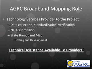 AGRC Broadband Mapping Role Technology Services Provider to the Project Data collection, standardization, verification NTIA submission State Broadband Map Hosting and Development Technical Assistance Available To Providers! 