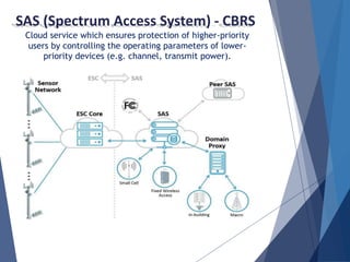 SAS (Spectrum Access System) - CBRS
Cloud service which ensures protection of higher-priority
users by controlling the operating parameters of lower-
priority devices (e.g. channel, transmit power).
 