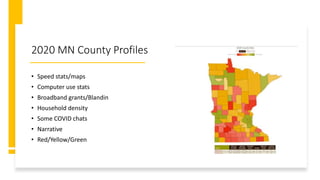 2020 MN County Profiles
• Speed stats/maps
• Computer use stats
• Broadband grants/Blandin
• Household density
• Some COVI...