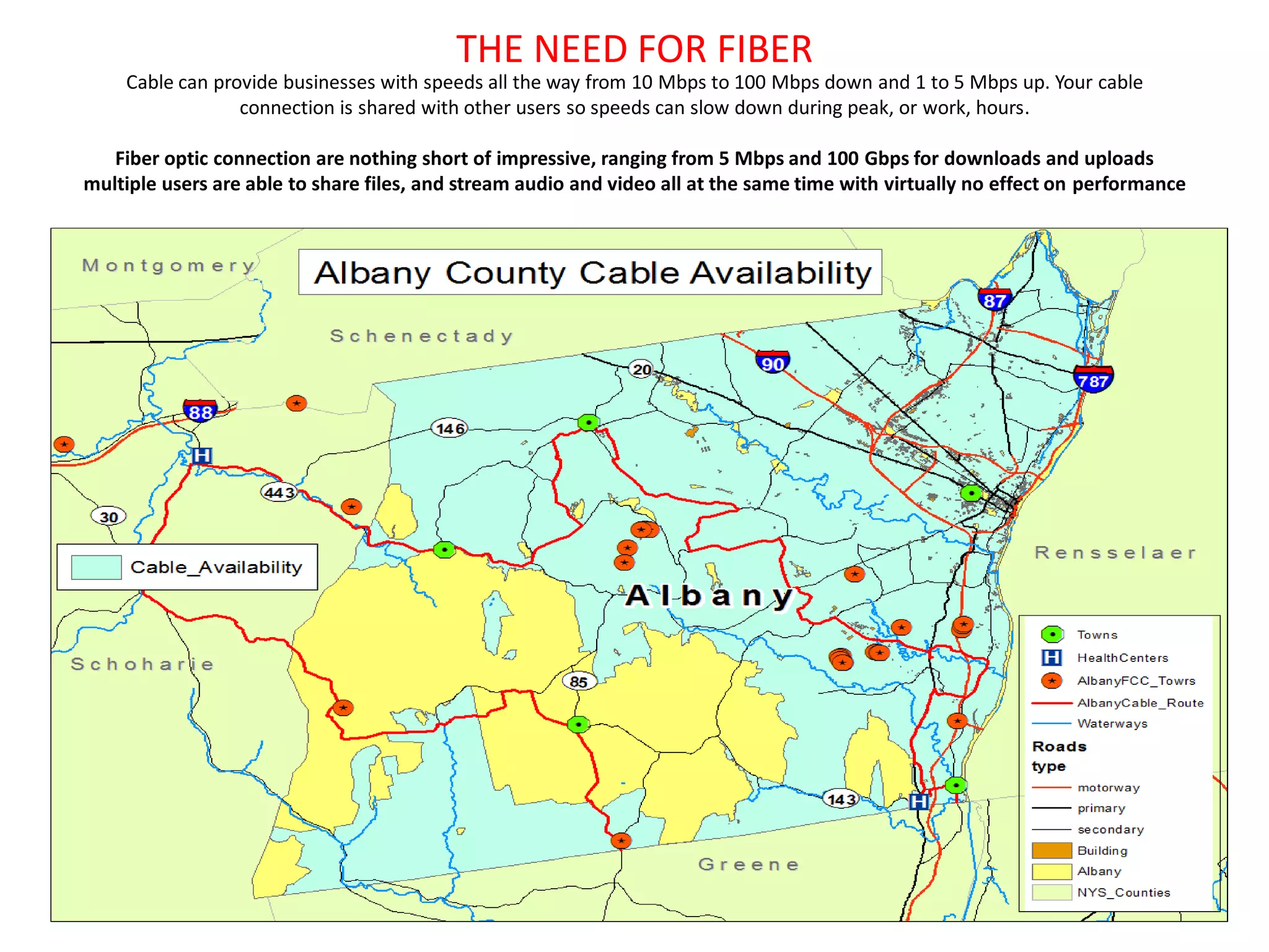 THE NEED FOR FIBER
Cable can provide businesses with speeds all the way from 10 Mbps to 100 Mbps down and 1 to 5 Mbps up. Your cable
connection is shared with other users so speeds can slow down during peak, or work, hours.
Fiber optic connection are nothing short of impressive, ranging from 5 Mbps and 100 Gbps for downloads and uploads
multiple users are able to share files, and stream audio and video all at the same time with virtually no effect on performance