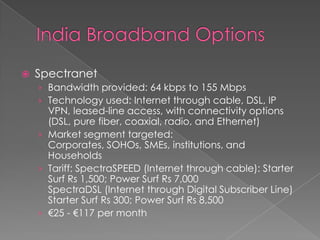 India Broadband OptionsSpectranetBandwidth provided: 64 kbps to 155 MbpsTechnology used: Internet through cable, DSL, IP VPN, leased-line access, with connectivity options (DSL, pure fiber, coaxial, radio, and Ethernet)Market segment targeted: Corporates, SOHOs, SMEs, institutions, and HouseholdsTariff: SpectraSPEED(Internet through cable): Starter Surf Rs 1,500; Power Surf Rs 7,000SpectraDSL (Internet through Digital Subscriber Line) Starter Surf Rs 300; Power Surf Rs 8,500€25 - €117 per month