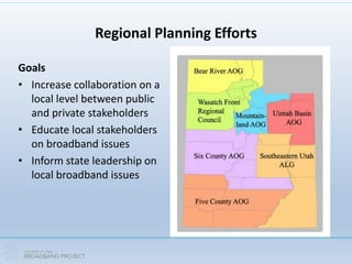 Regional Planning Efforts
Goals
• Increase collaboration on a
local level between public
and private stakeholders
• Educate local stakeholders
on broadband issues
• Inform state leadership on
local broadband issues
 