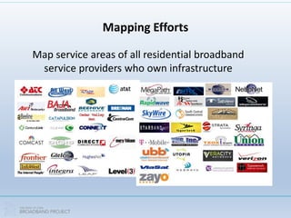 Mapping Efforts
Map service areas of all residential broadband
service providers who own infrastructure
 