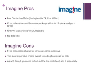 +
    Imagine Pros
   Low Contention Ratio (the highest is 24:1 for WiMax)

   Comprehensive small business package with a lot of space and good
    speed

   Only Wi-Max provider in Drumcondra

   No data limit



Imagine Cons
   €150 connection charge for wireless seems excessive

   The most expensive choice overall including line rental for DSL

   As with Smart, you need to find out the line rental and add it separately
 