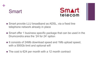 +
        Smart

       Smart provide LLU broadband as ADSL, via a fixed line
        telephone network already in place

       Smart offer 1 business specific package that can be used in the
        Drumcondra area the ‘24 for 24’ option

       It consists of 24Mb download speed and 1Mb upload speed,
        with a 500Gb limit and optional wifi

       The cost is €24 per month with a 12 month contract
 