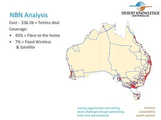 NBN Analysis
Cost : $36.5b + Telstra deal
Coverage:
• 93% > Fibre to the home
• 7% > Fixed Wireless
   & Satellite
 