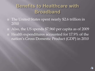    The United States spent nearly $2.6 trillion in
    2010
   Also, the US spends $7,960 per capita as of 2009
   Health expenditures accounted for 17.9% of the
    nation’s Gross Domestic Product (GDP) in 2010
 