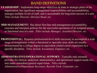 BAND DEFINITIONS
LEADERSHIP: Implements long-range objectives & links to strategic plans of the
  organization, has significant management responsibilities and accountabilities,
  manages multiple levels of staff, and is accountable for long-term success of a unit.
  Titles include Director, Division Head, etc.

MID-MANAGEMENT: Has direct first-line mid-management accountability,
  executes and interprets policies for the successful operations of an assigned section
  or functional area of a unit. Titles include Manager, Assistant Director, etc.

PROFESSIONAL: Requires professional-level skills necessary to accomplish a wide
  range of assignments within a functional or specialty area; skills are usually
  demonstrated by a college degree or equivalent related career experience in a
  specific discipline. Titles include Accountant, Engineer, etc.

ADMINISTRATIVE/OPERATIONAL SUPPORT: Typically task oriented;
  provides for clerical, analytical, administrative, and operational support needs of a
  unit under immediate/general supervision. Titles include
  Administrative/Department Secretary, Records Tech, Carpenter, etc.
 
