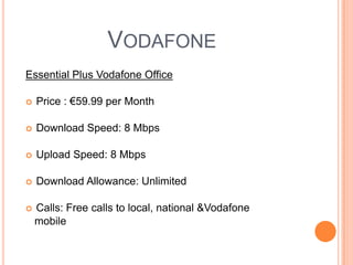 Vodafone Essential Plus Vodafone OfficePrice : €59.99 per MonthDownload Speed: 8 MbpsUpload Speed: 8 Mbps Download Allowance: Unlimited Calls: Free calls to local, national &Vodafone   mobile