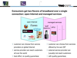 11




Consumers get two flavors of broadband over a single
connection: open Internet and managed services


                       open Internet             managed services

                                              VoIP
                                            telephony   IPTV
                                                                  …    …




  customer can choose from service                   customer can choose from services
  providers on global Internet                       offered by his own ISP
  service provider can reach customers               external service provider can
  all over the world                                 (usually) not reach customers
  best effort, no quality guarantees                 with quality guarantees
 