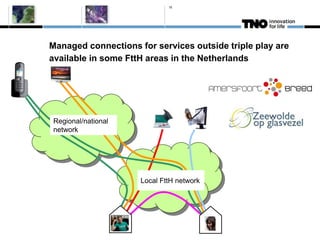 15




Managed connections for services outside triple play are
available in some FttH areas in the Netherlands




Regional/national
network




                     Local FttH network
 