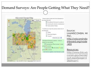 Demand Surveys: Are People Getting What They Need?
Source:
LinkWISCONSIN, WI
PSC,
http://wisconsinda
shboard.org/node
/405
Resources:
http://www.link.wis
consin.gov/lwi/def
ault.aspx?page=5
2&bhcp=1
 