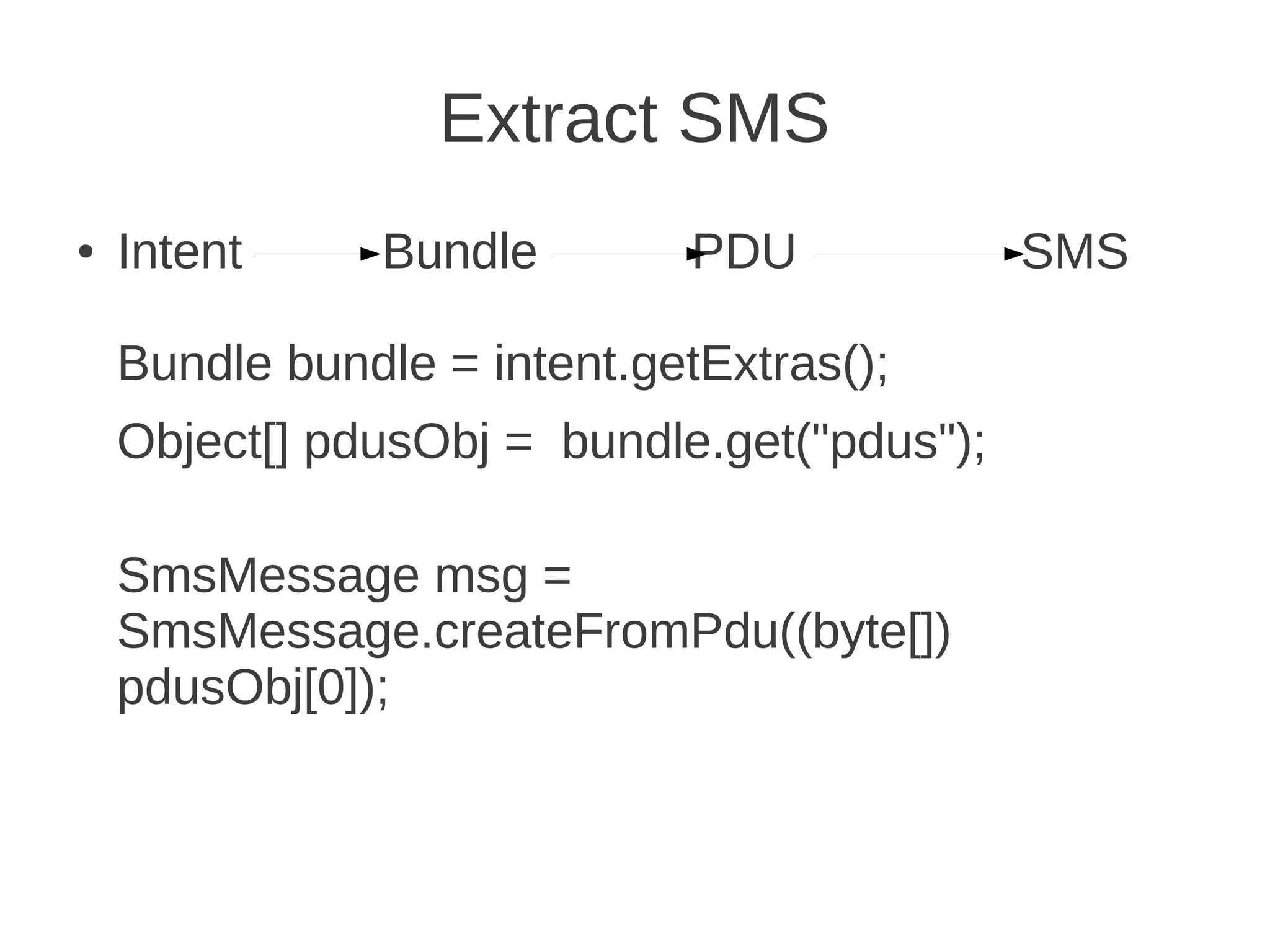 Extract SMS
●

Intent

Bundle

PDU

Bundle bundle = intent.getExtras();
Object[] pdusObj = bundle.get("pdus");
SmsMessage msg =
SmsMessage.createFromPdu((byte[])
pdusObj[0]);

SMS

 