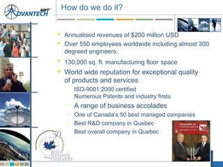  Annualised revenues of $200 million USD
 Over 550 employees worldwide including almost 300
degreed engineers.
 130,000 sq. ft. manufacturing floor space
 World wide reputation for exceptional quality
of products and services
– ISO-9001:2000 certified
Numerous Patents and industry firsts
– A range of business accolades
– One of Canada’s 50 best managed companies
– Best R&D company in Quebec
– Best overall company in Quebec
How do we do it?
 