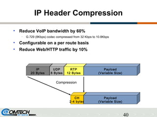 40
IP Header Compression
• Reduce VoIP bandwidth by 60%
– G.729 (8Kbps) codec compressed from 32 Kbps to 10.8Kbps
• Configurable on a per route basis
• Reduce Web/HTTP traffic by 10%
IP
20 Bytes
UDP
8 Bytes
RTP
12 Bytes
CH
2-4 bytes
Payload
(Variable Size)
Payload
(Variable Size)
Compression
 