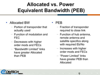 9
Allocated vs. Power
Equivalent Bandwidth (PEB)
• Allocated BW
– Portion of transponder that
actually used
– Function of modulation and
FEC
– Decreases with higher
order mods and FECs
– “Bandwidth Limited” links
have greater Allocated
than PEB
• PEB
– Fraction of transponder
required to close link
– Function of hub antenna,
remote antenna and
satellite specifics along
with required Eb/No
– Increases with higher
order mods and FECs
– “Power Limited” links
have greater PEB than
Allocated
 
