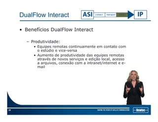 DualFlow Interact
• Benefícios DualFlow Interact
– Produtividade:
• Equipes remotas continuamente em contato com
o estúdio e vice-versa
• Aumento de produtividade das equipes remotas
através de novos serviços e edição local, acesso
a arquivos, conexão com a intranet/internet e e-
mail
28
 