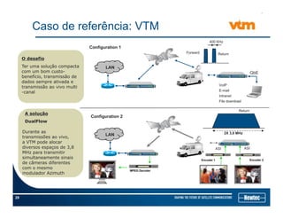Caso de referência: VTM
00
LAN
400 KHz
ReturnForward
Configuration 1
O desafio
Ter uma solução compacta LAN
GbE
ç p
com um bom custo-
benefício, transmissão de
dados sempre ativada e
transmissão ao vivo multi
-canal
VoIP
E-mail
Intranet
Configuration 2
Return
A solução
DualFlow
Intranet
File download
2X 3,8 MHzDurante as
transmissões ao vivo,
a VTM pode alocar
diversos espaços de 3,8
MH t iti
LAN
ASIASI
MPEG Decoder
MHz para transmitir
simultaneamente sinais
de câmeras diferentes
com o mesmo
modulador Azimuth
……………………
……………………
……………………
……………………
……………………
……………………
……………………
……………………
Encoder 1
……………………
……………………
……………………
……………………
Encoder 2
29
 