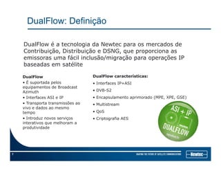 DualFlow: Definição
DualFlow é a tecnologia da Newtec para os mercados de
Contribuição, Distribuição e DSNG, que proporciona as
l l í i
ç , ç , q p p
emissoras uma fácil inclusão/migração para operações IP
baseadas em satélite
DualFlow características:
• Interfaces IP+ASI
• DVB-S2
E l t i d (MPE XPE GSE)
DualFlow
• É suportada pelos
equipamentos de Broadcast
Azimuth
I t f ASI IP • Encapsulamento aprimorado (MPE, XPE, GSE)
• Multistream
• QoS
Criptografia AES
• Interfaces ASI e IP
• Transporta transmissões ao
vivo e dados ao mesmo
tempo
• Introduz novos serviços • Criptografia AES• Introduz novos serviços
interativos que melhoram a
produtividade
7
 