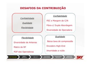 ConfiabilidadeConfiabilidade
FEC e Margem de C/N
Fibra c/ Dupla Abordagem
Diversidade de Operadora
QualidadeQualidade
Baixa taxa de compressão
Encoders High-End
Imunidade a ruído
FlexibilidadeFlexibilidade
Diversidade de Antenas
Matriz de RF
POP das Operadoras
DESAFIOS DA CONTRIBUIÇÃO
ConfiabilidadeConfiabilidade
QualidadeQualidade
FlexibilidadeFlexibilidade
 
