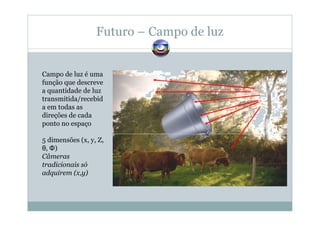 Futuro – Campo de luz
Campo de luz é uma
função que descreve
a quantidade de luz
transmitida/recebid
a em todas as
direções de cada
ponto no espaço
5 dimensões (x, y, Z,
θ, Φ)
Câmeras
tradicionais só
adquirem (x,y)
 