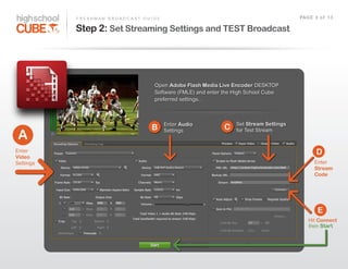 F R E S H M A N    B R O A D C A S T    G U I D E                                                       PAG E    3    o f    1 3

           Step 2: Set Streaming Settings and TEST Broadcast




                                                         Open  Adobe Flash Media Live Encoder  DESKTOP  
                                                         Software  (FMLE)  and  enter  the  High  School  Cube  
                                                         preferred  settings...



                                                               Enter  Audio                 Set  Stream Settings
                                                       B                               C
 A
                                                               Settings                     for  Test  Stream


Enter                                                                                                                         D
Video
Settings                                                                                                                     Enter  
                                                                                                                             Stream
                                                                                                                             Code




                                                                                                                               E
                                                                                                                         Hit  Connect
                                                                                                                         then  Start
 